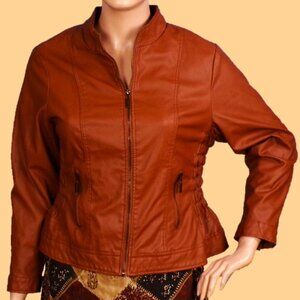 LUCY DIAMONDS size 3X russet-brown faux-leather zip-front jacket PU outer